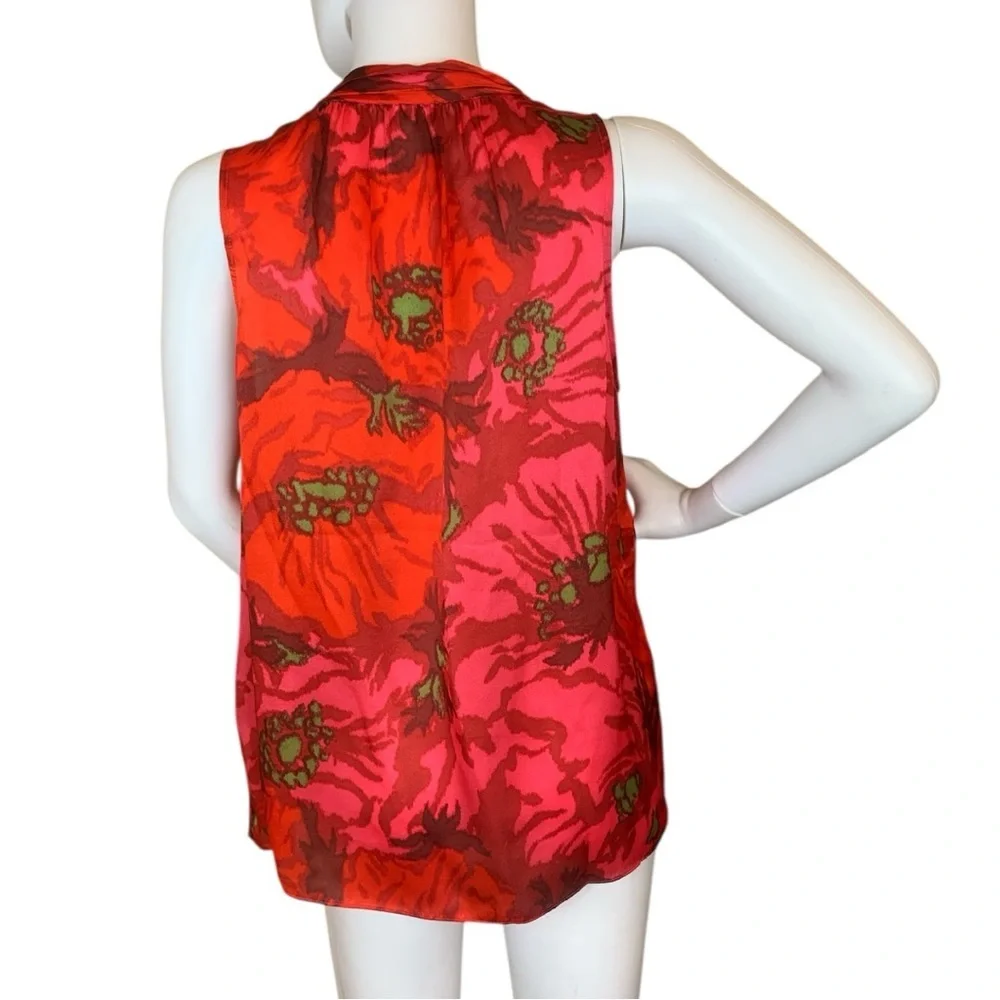 J. Crew Red Poppy Floral Sleeveless 100% Silk Blouse - Picture 4 of 10